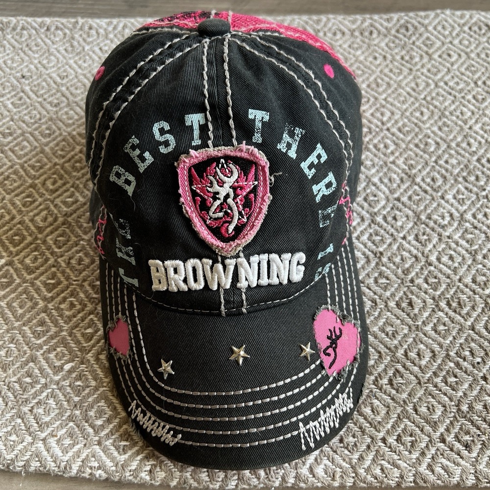 Women's Browning Sweetheart Distressed Black & Pink Trucker Hat Cap Buckmark